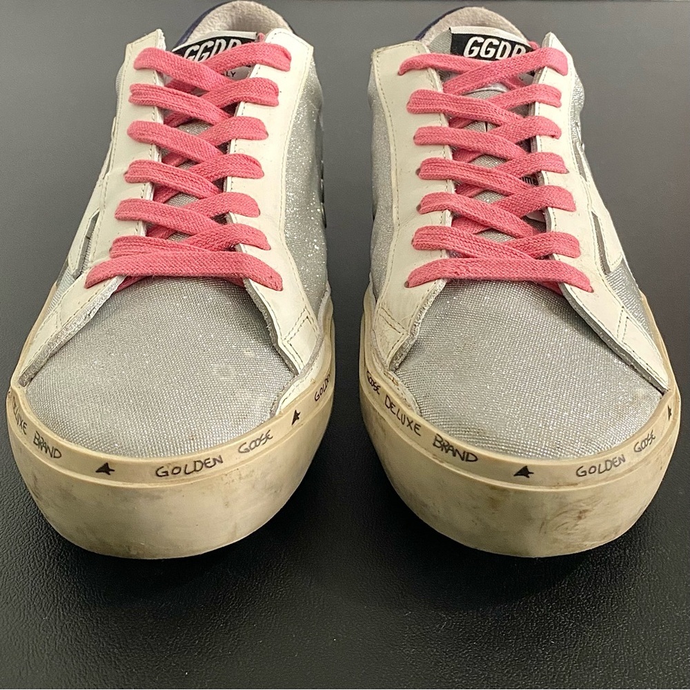 Golden Goose Deluxe Brand Hi Star Sneakers Size 40 US 10 Silver Checked Glitter - Picture 10 of 16